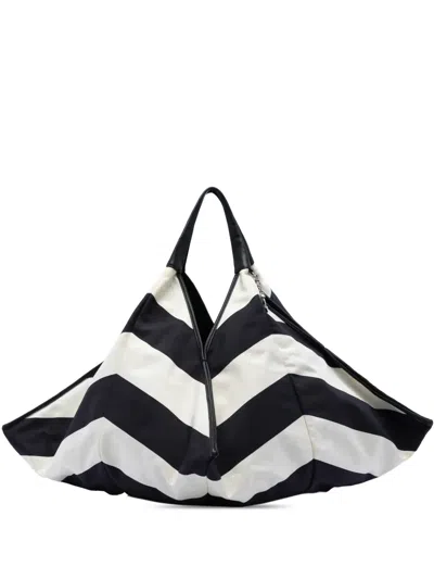 Pre-owned Chanel 2019 Cc Canvas Stripe Tote Bag In Black