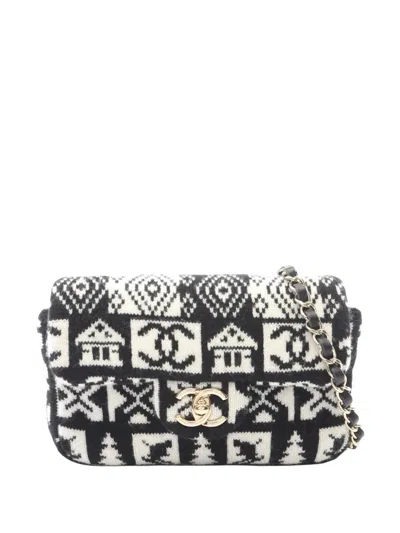 Pre-owned Chanel 2019 Cc Cashmere Knit Coco Neige Flap Bag Shoulder Bag In Black
