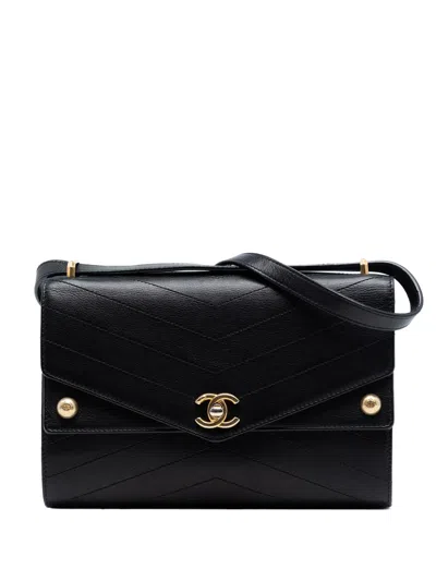 Pre-owned Chanel 2019 Cc Chevron Calfskin Casual Trip Flap Crossbody Bag In Black