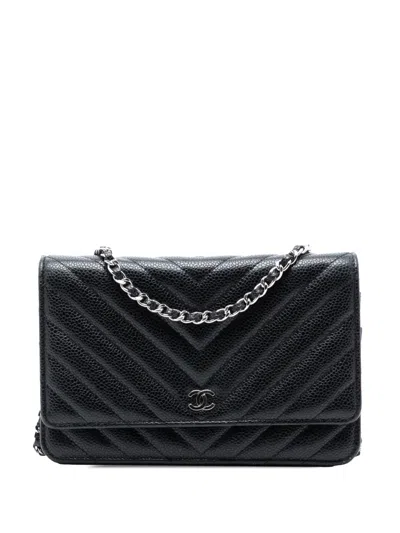 Pre-owned Chanel 2019 Cc Chevron Caviar Wallet On Chain Crossbody Bag In Black