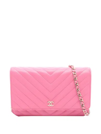 Pre-owned Chanel 2019 Cc Chevron Lambskin Wallet On Chain Crossbody Bag In Pink