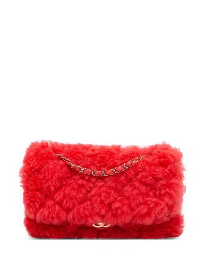 Pre-owned Chanel 2019 Cc Faux Fur And Quilted Lambskin Single Flap Crossbody Bag In Red