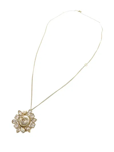 Pre-owned Chanel 2019 Cc Gold Plated Faux Pearl Crystal Snowfall Pendant Necklace Costume Necklace
