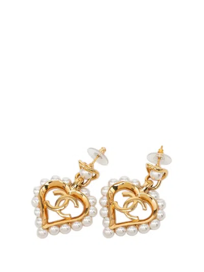 Pre-owned Chanel 2019 Cc Gold Plated Faux Pearl Heart Cutout Drop Bullet Back Earrings Costume Earrings