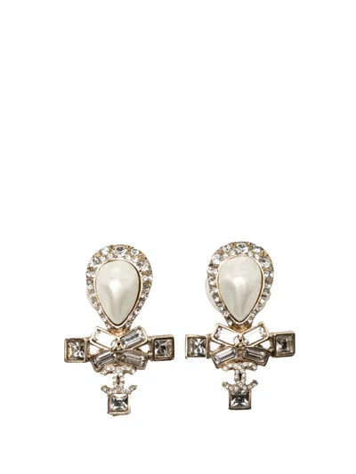 Pre-owned Chanel 2019 Cc Gold Plated Strass Faux Pearl Tear Drop Ribbon Push Back Earrings Costume Earrings