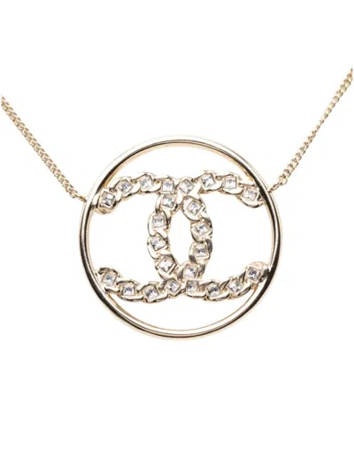 Pre-owned Chanel 2019 Cc Gold Plated Strass Round Pendant Necklace Costume Necklace