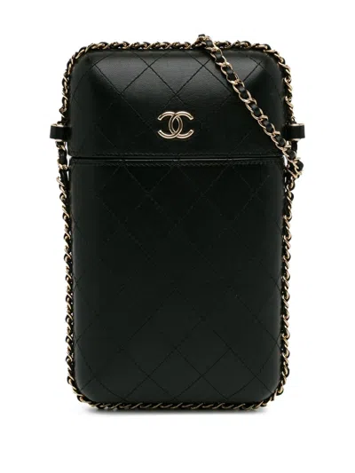 Pre-owned Chanel 2019 Cc Lambskin Chain Around Phone Holder Crossbody Bag In Black