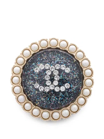 Pre-owned Chanel 2019 Cc Logo-detail Rhinestone Brooch In Gold