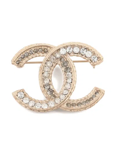 Pre-owned Chanel 2019 Cc Mark Rhinestone Brooch In Gold