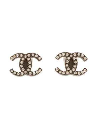 Pre-owned Chanel 2019 Cc-mark Rhinestone-embellished Earrings In Silver