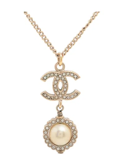 Pre-owned Chanel 2019 Cc Mark Rhinestones Drop Necklace In Gold