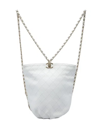 Pre-owned Chanel 2019 Cc Quilted Calfskin Bucket Backpack In White