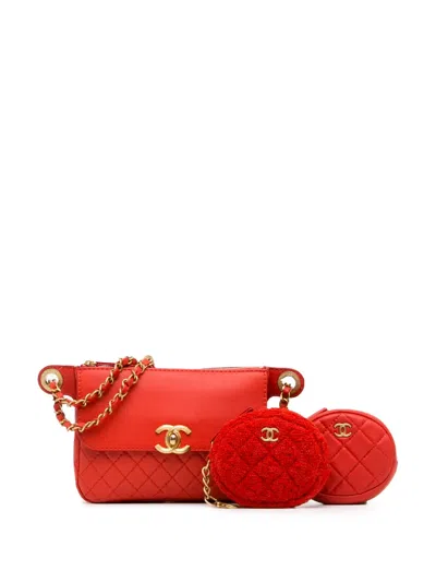 Pre-owned Chanel 2019 Cc Quilted Calfskin Flap And Coin Purse Belt Bag In Red