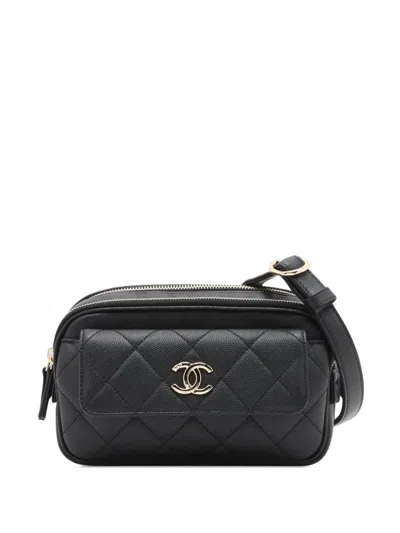 Pre-owned Chanel 2019 Cc Quilted Caviar Double Zip Belt Bag In Black