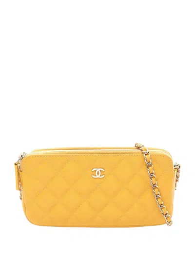 Pre-owned Chanel 2019 Cc Quilted Caviar Double Zip Clutch With Chain Crossbody Bag In Yellow
