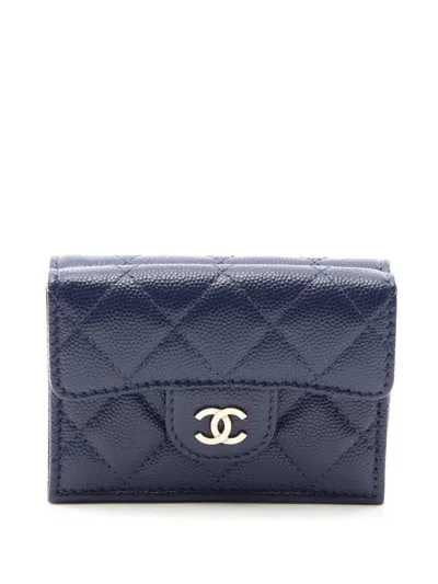 Pre-owned Chanel 2019 Cc Quilted Caviar Flap Wallet Small Wallets In Blue