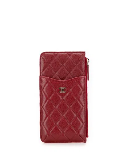 Pre-owned Chanel 2019 Cc Quilted Caviar Flat Wallet Pouch Phone Case In Red