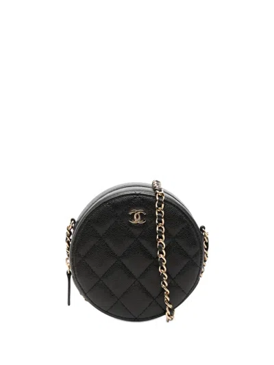 Pre-owned Chanel 2019 Cc Quilted Caviar Round Clutch With Chain Crossbody Bag In Black