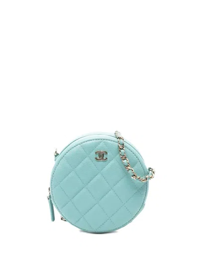 Pre-owned Chanel 2019 Cc Quilted Caviar Round Clutch With Chain Crossbody Bag In Blue