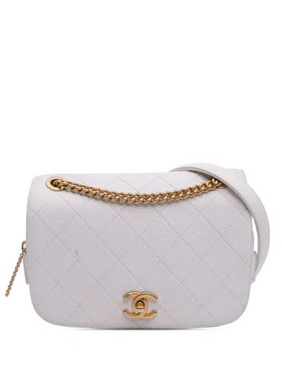 Pre-owned Chanel 2019 Cc Quilted Caviar Turnlock Full Flap Crossbody Bag In White