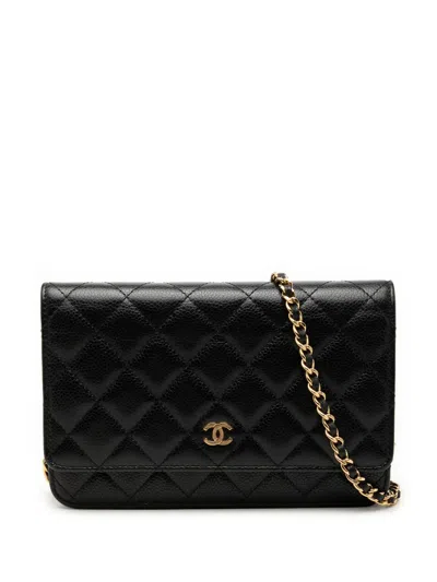 Pre-owned Chanel 2019 Cc Quilted Caviar Wallet On Chain Crossbody Bag In Black