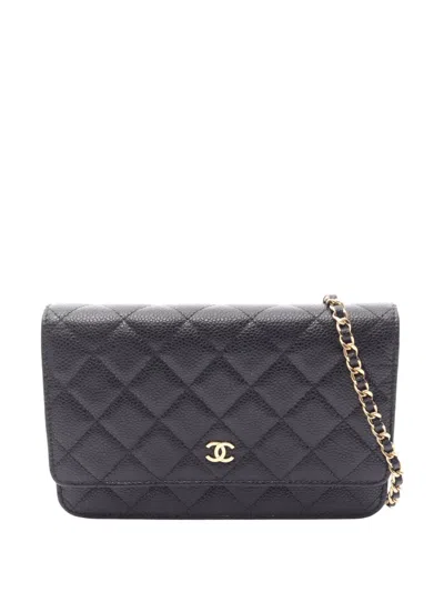Pre-owned Chanel 2019 Cc Quilted Caviar Wallet On Chain Crossbody Bag In Black