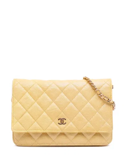 Pre-owned Chanel 2019 Cc Quilted Caviar Wallet On Chain Crossbody Bag In Yellow