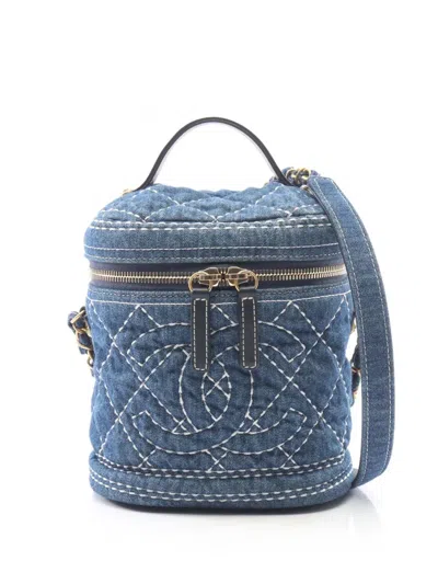 Pre-owned Chanel 2019 Cc Quilted Denim Trip Vanity Case With Chain Satchel In Blue