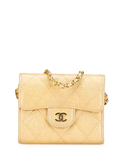 Pre-owned Chanel 2019 Cc Quilted Iridescent Caviar Flap Card Holder On Chain Crossbody Bag In Gold