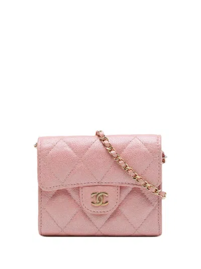 Pre-owned Chanel 2019 Cc Quilted Iridescent Caviar Flap Card Holder On Chain Crossbody Bag In Pink
