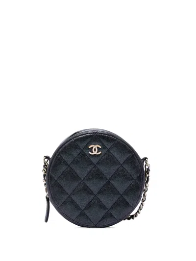 Pre-owned Chanel 2019 Cc Quilted Iridescent Caviar Round Clutch With Chain Crossbody Bag In Black
