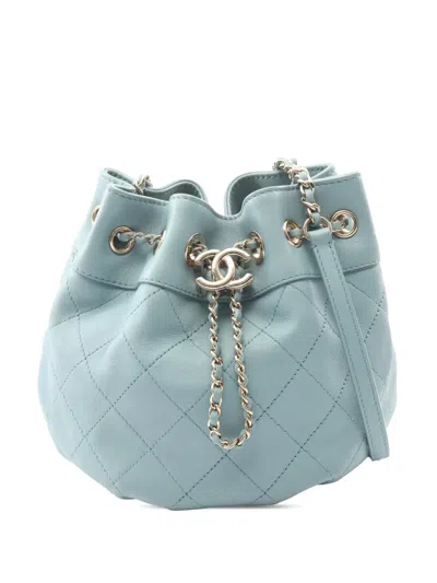 Pre-owned Chanel 2019 Cc Quilted Lambskin Bucket Bag Crossbody Bag In Blue