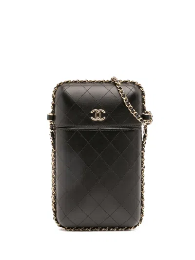 Pre-owned Chanel 2019 Cc Quilted Lambskin Chain Around Phone Holder Crossbody Bag In Black