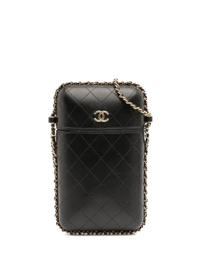 Pre-owned Chanel 2019 Cc Quilted Lambskin Chain Around Phone Holder Crossbody Bag In Black