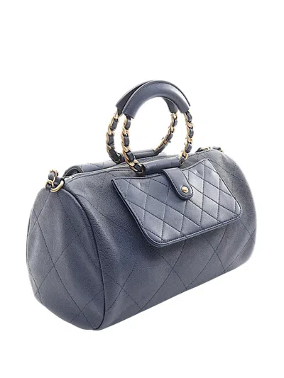 Pre-owned Chanel 2019 Cc Quilted Lambskin In The Loop Bowling Bag Boston Bag In Blue