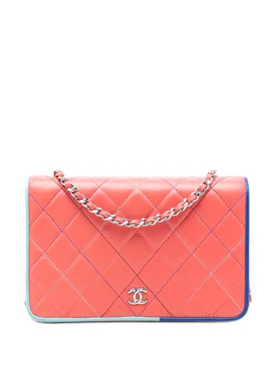 Pre-owned Chanel 2019 Cc Quilted Lambskin Multicolor Border Full Flap Wallet On Chain Crossbody Bag In Pink