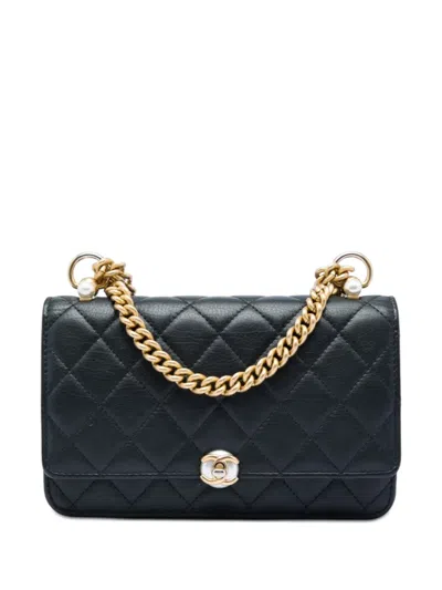 Pre-owned Chanel 2019 Cc Quilted Lambskin Pearl Wallet On Chain Crossbody Bag In Black