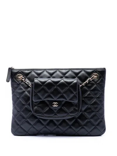 Pre-owned Chanel 2019 Cc Quilted Lambskin Pouch With Mini Flap Purse Clutch Bag In Black