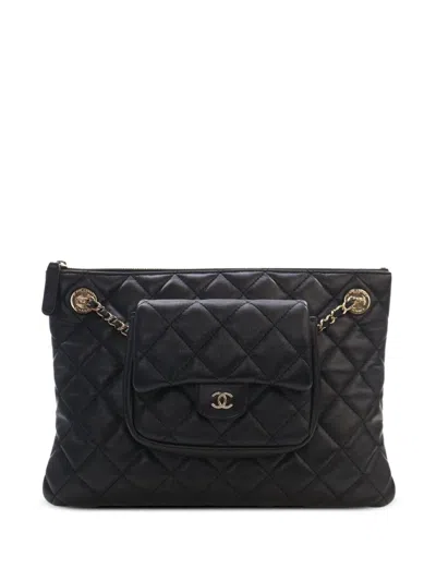 Pre-owned Chanel 2019 Cc Quilted Lambskin Pouch With Mini Flap Purse Clutch Bag In Black