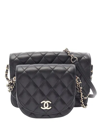 Pre-owned Chanel 2019 Cc Quilted Lambskin Side Packs Flap Crossbody Bag In Black