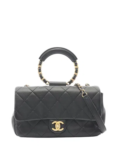 Pre-owned Chanel 2019 Cc Quilted Lambskin Top Handle Flap Bag Satchel In Black
