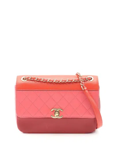 Pre-owned Chanel 2019 Cc Quilted Lambskin Tricolor Single Flap Shoulder Bag In Red