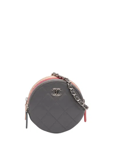 Pre-owned Chanel 2019 Cc Quilted Lambskin Triple Zip Round Clutch With Chain Crossbody Bag In Gray