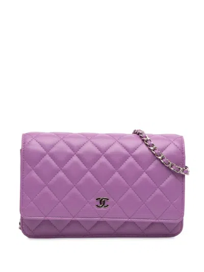 Pre-owned Chanel 2019 Cc Quilted Lambskin Wallet On Chain Crossbody Bag In Purple