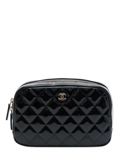 Pre-owned Chanel 2019 Cc Quilted Patent Cosmetic Pouch In Black