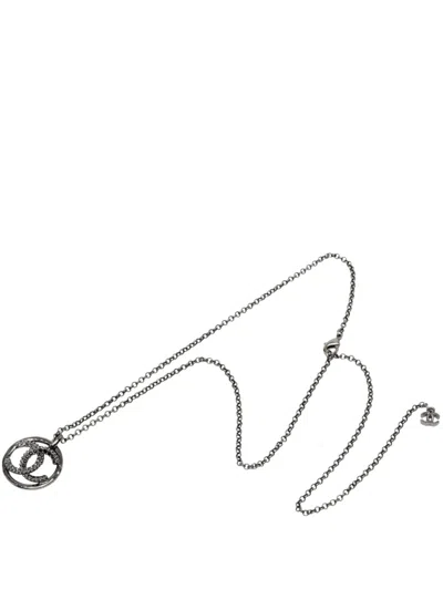 Pre-owned Chanel 2019 Cc Ruthenium Plated Strass Pendant Necklace Costume Necklace In Black