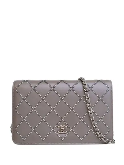 Pre-owned Chanel 2019 Cc Studded Calfskin Crystal Wallet On Chain Crossbody Bag In Gray