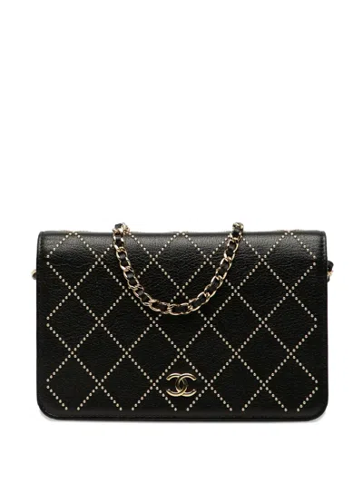 Pre-owned Chanel 2019 Cc Studded Goatskin Wallet On Chain Crossbody Bag In Black