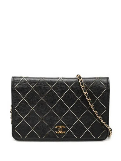 Pre-owned Chanel 2019 Cc Studded Lambskin Crystal Wallet On Chain Crossbody Bag In Black