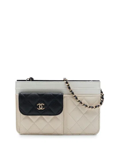 Pre-owned Chanel 2019 Cc Tricolor Quilted Goatskin Multi Pocket Wallet On Chain Crossbody Bag In Brown